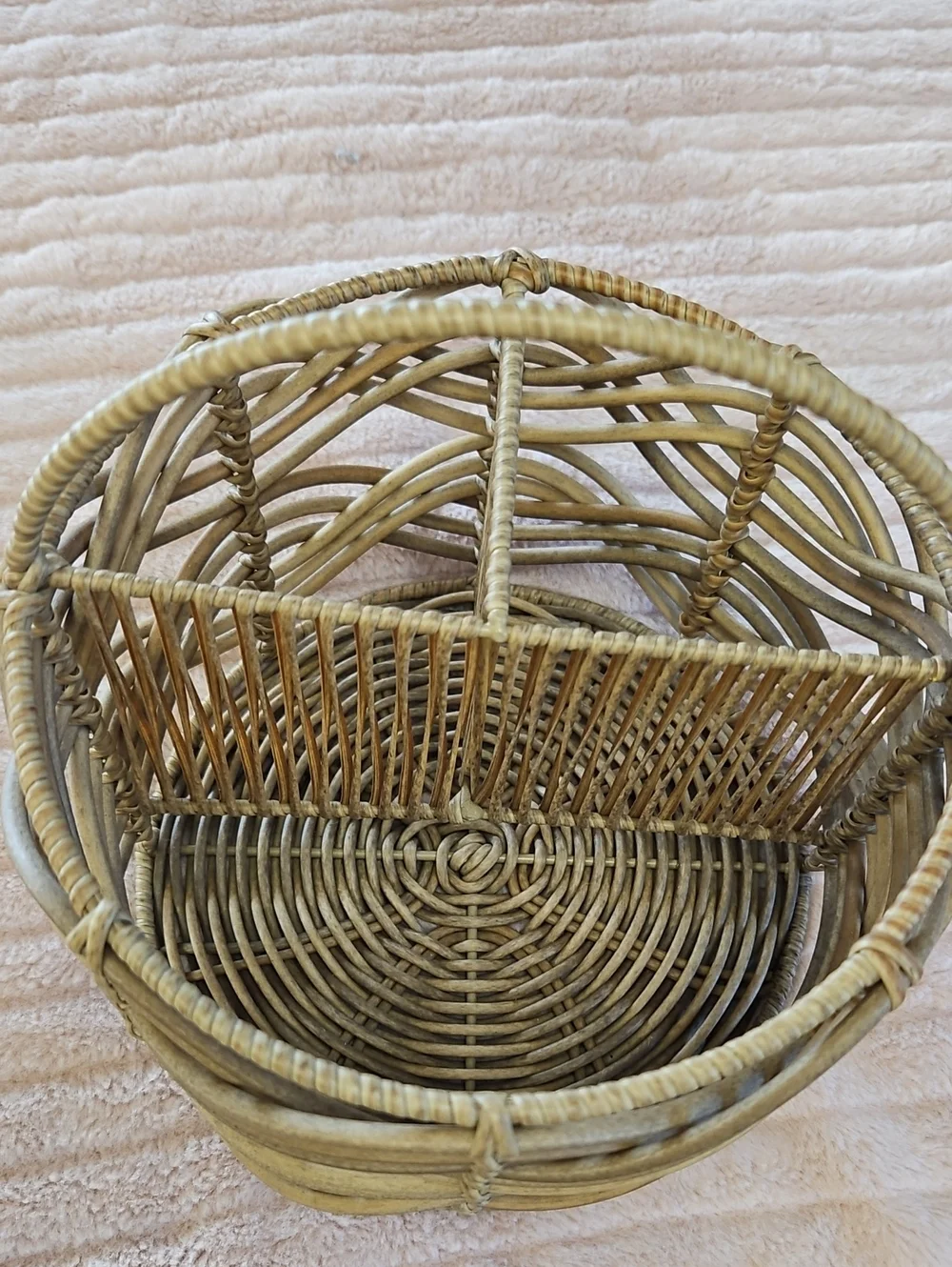 Vintage Wicker Divided Handled Basket - Natural Rattan